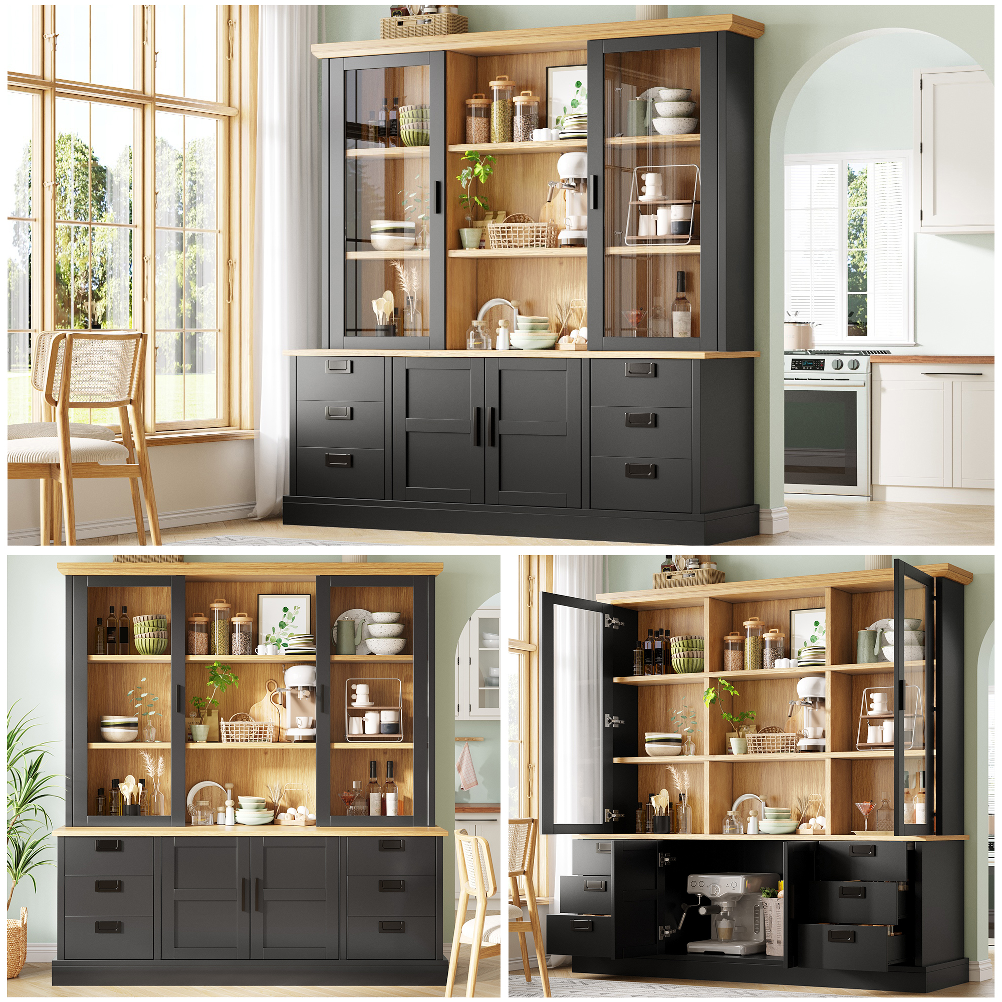 Küchenhochschrank Mit 6 Großen Schubladen, Glastüren, Kippschutz & Metallschienen, 140×185 Cm, Stauraumschrank Für Küche & Esszimmer – Großer, Strukturierter Stauraum 6 Große Schubladen 35, Stabile Ko