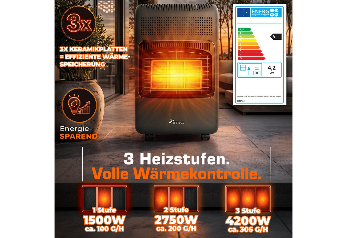 Tresko® 4200 Watt Gasheizer Anthrazit Inkl. Gasdruckregler Gasschlauch + Abdeckung Gasofen Gasheizofen Keramik Mit 3 Stufen Infrarot Gasheizgerät Heizstrahler Für Butan- Oder Propangasflaschen Bis 1