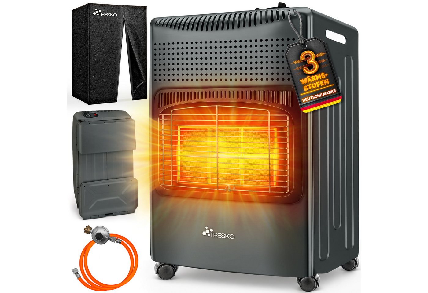 Tresko® 4200 Watt Gasheizer Anthrazit Inkl. Gasdruckregler Gasschlauch + Abdeckung Gasofen Gasheizofen Keramik Mit 3 Stufen Infrarot Gasheizgerät Heizstrahler Für Butan- Oder Propangasflaschen Bis 1 Bild 2