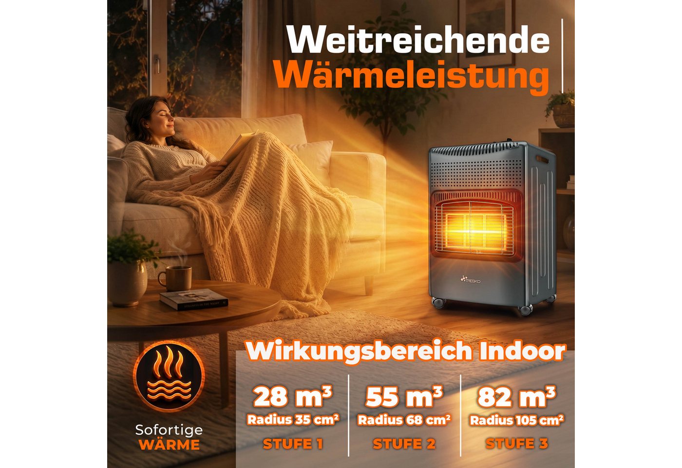 Tresko® 4200 Watt Gasheizer Anthrazit Inkl. Gasdruckregler Gasschlauch + Abdeckung Gasofen Gasheizofen Keramik Mit 3 Stufen Infrarot Gasheizgerät Heizstrahler Für Butan- Oder Propangasflaschen Bis 1 Bild 4