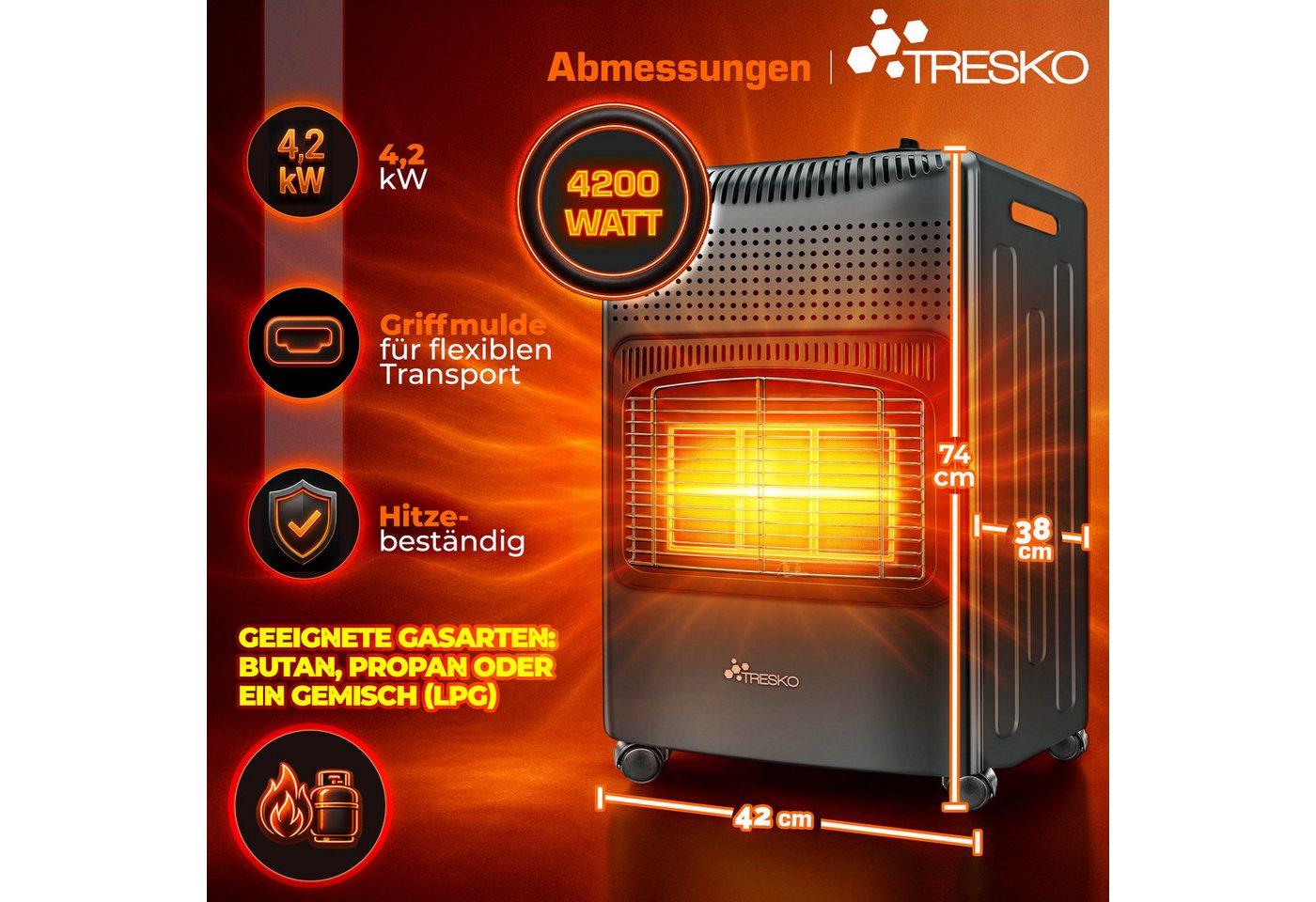 Tresko® 4200 Watt Gasheizer Anthrazit Inkl. Gasdruckregler Gasschlauch + Abdeckung Gasofen Gasheizofen Keramik Mit 3 Stufen Infrarot Gasheizgerät Heizstrahler Für Butan- Oder Propangasflaschen Bis 1 Bild 5