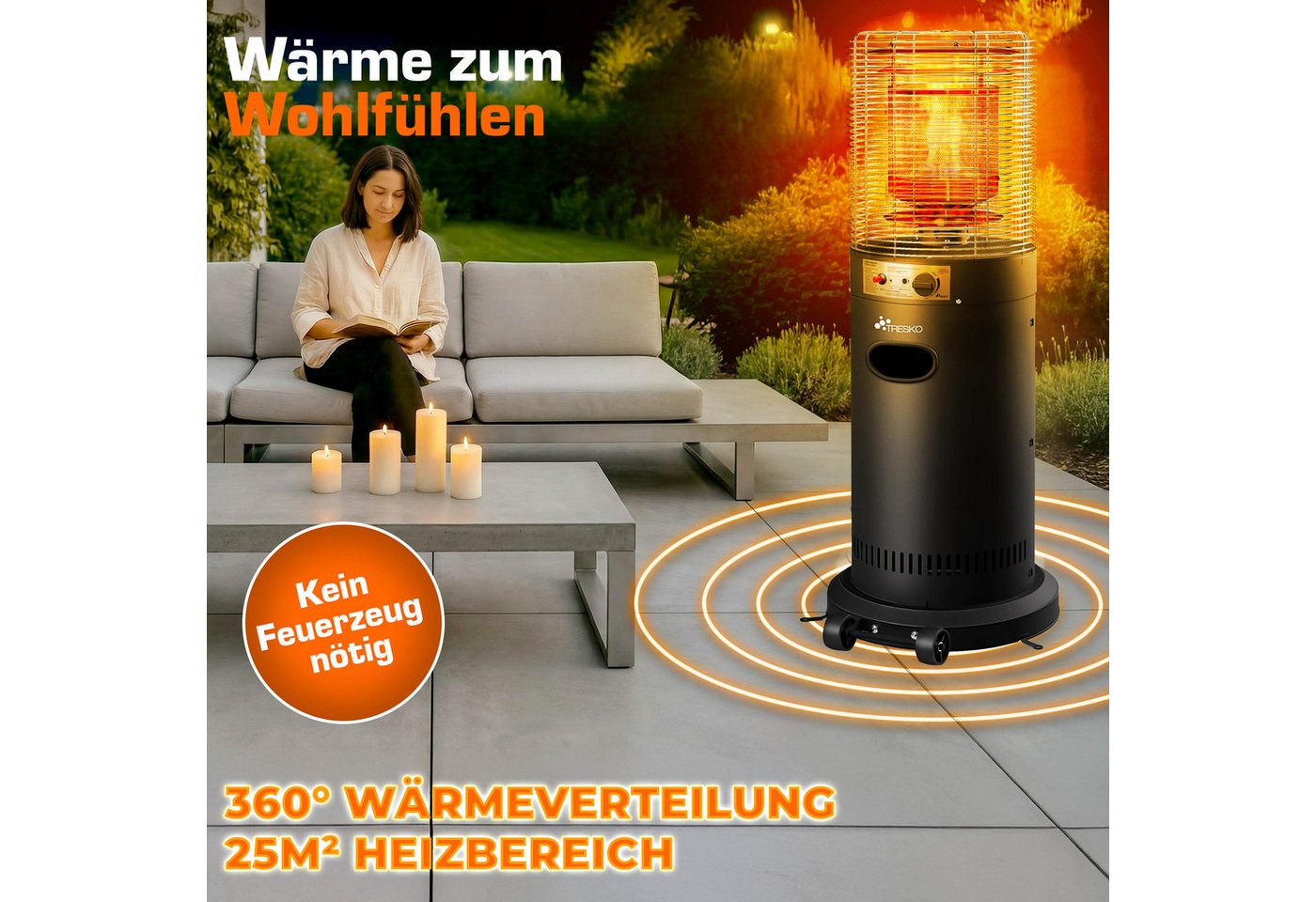 Tresko® Heizstrahler Gas 11 Kw Mit Rollen Outdoor Terrassenheizer Für 5 & 11 Kg Gasflaschen Gasheizstrahler Für Terrasse, Balkon & Garten Gasheizer Heizpilz Mit Schlauch & Regler Bild 3