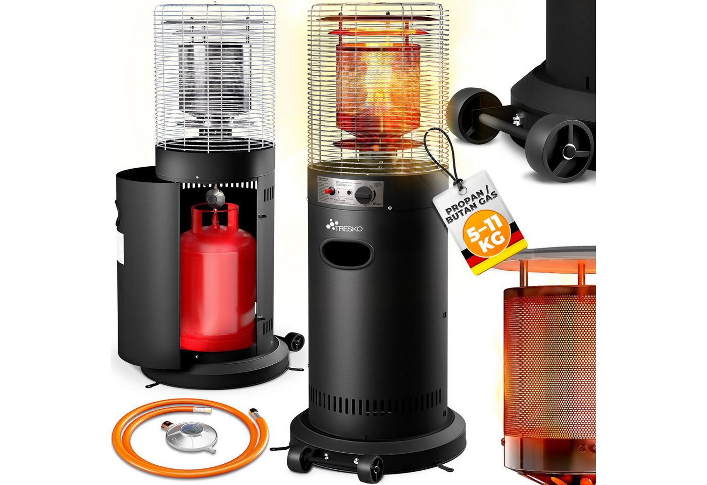 Tresko® Heizstrahler Gas 11 Kw Mit Rollen Outdoor Terrassenheizer Für 5 & 11 Kg Gasflaschen Gasheizstrahler Für Terrasse, Balkon & Garten Gasheizer Heizpilz Mit Schlauch & Regler Bild 4