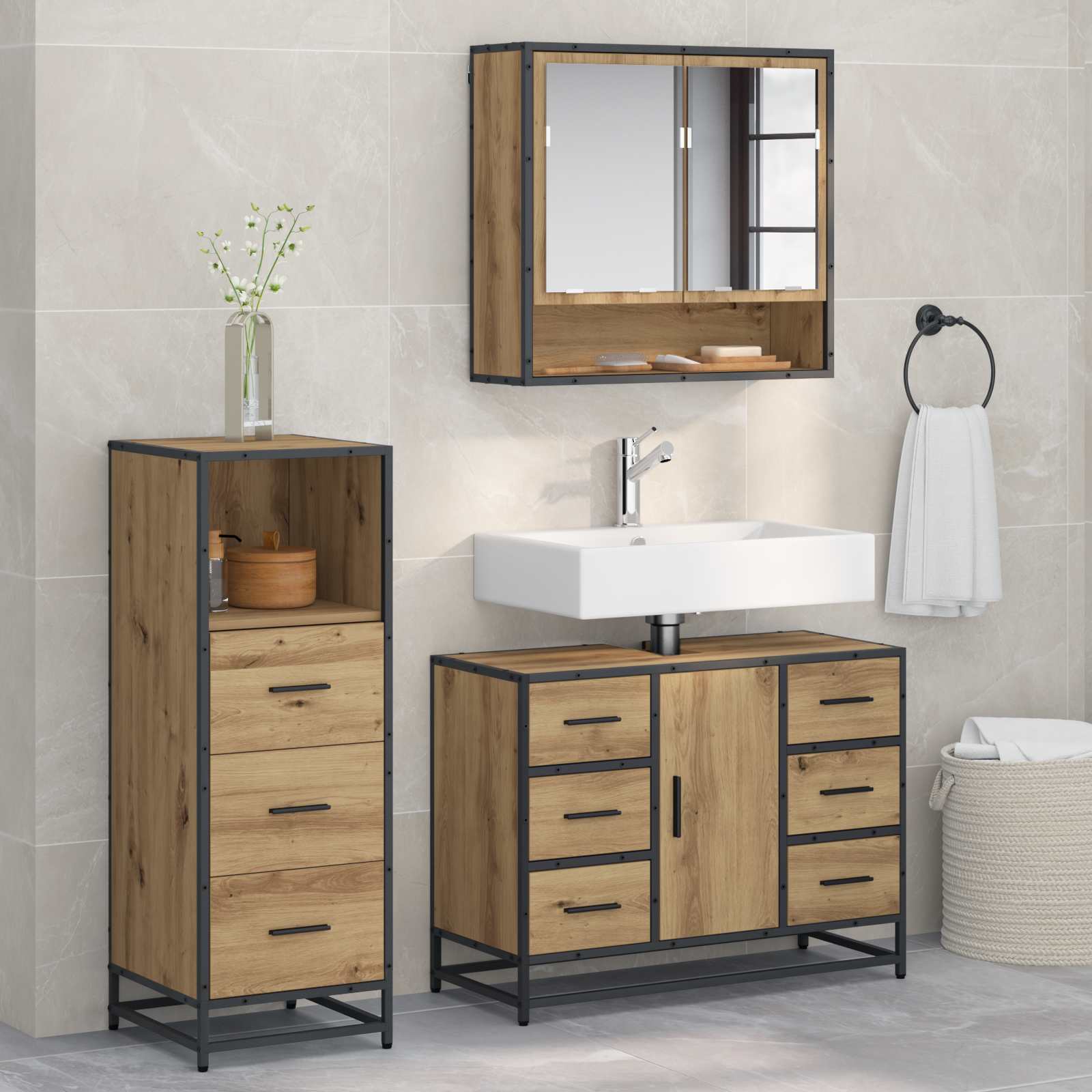 Vidaxl Ensemble De Mobilier De Salle De Bain 3 Pc Chêne Artisanal