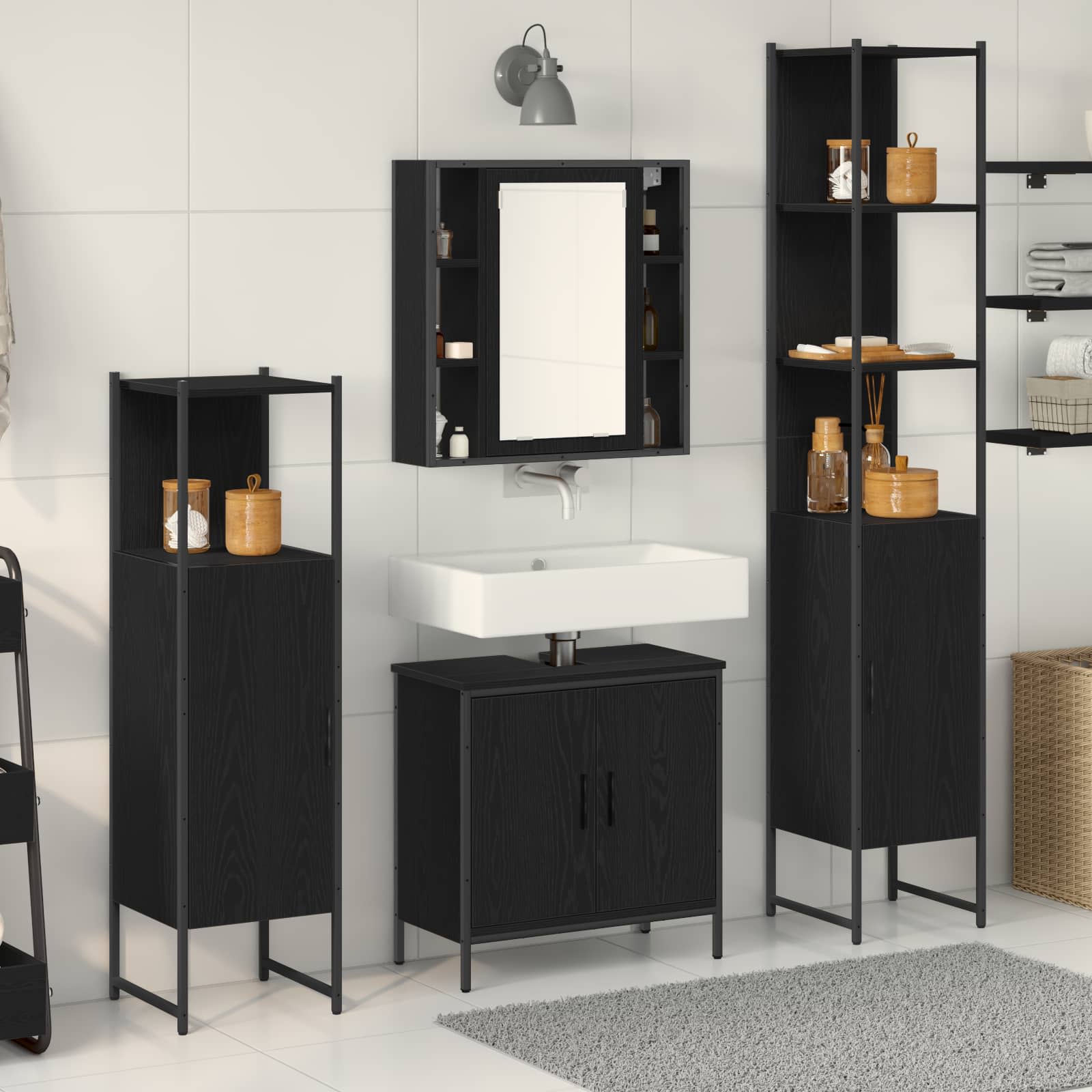 Vidaxl Ensemble De Mobilier De Salle De Bain Avec Étagère 4 Pcs Noir