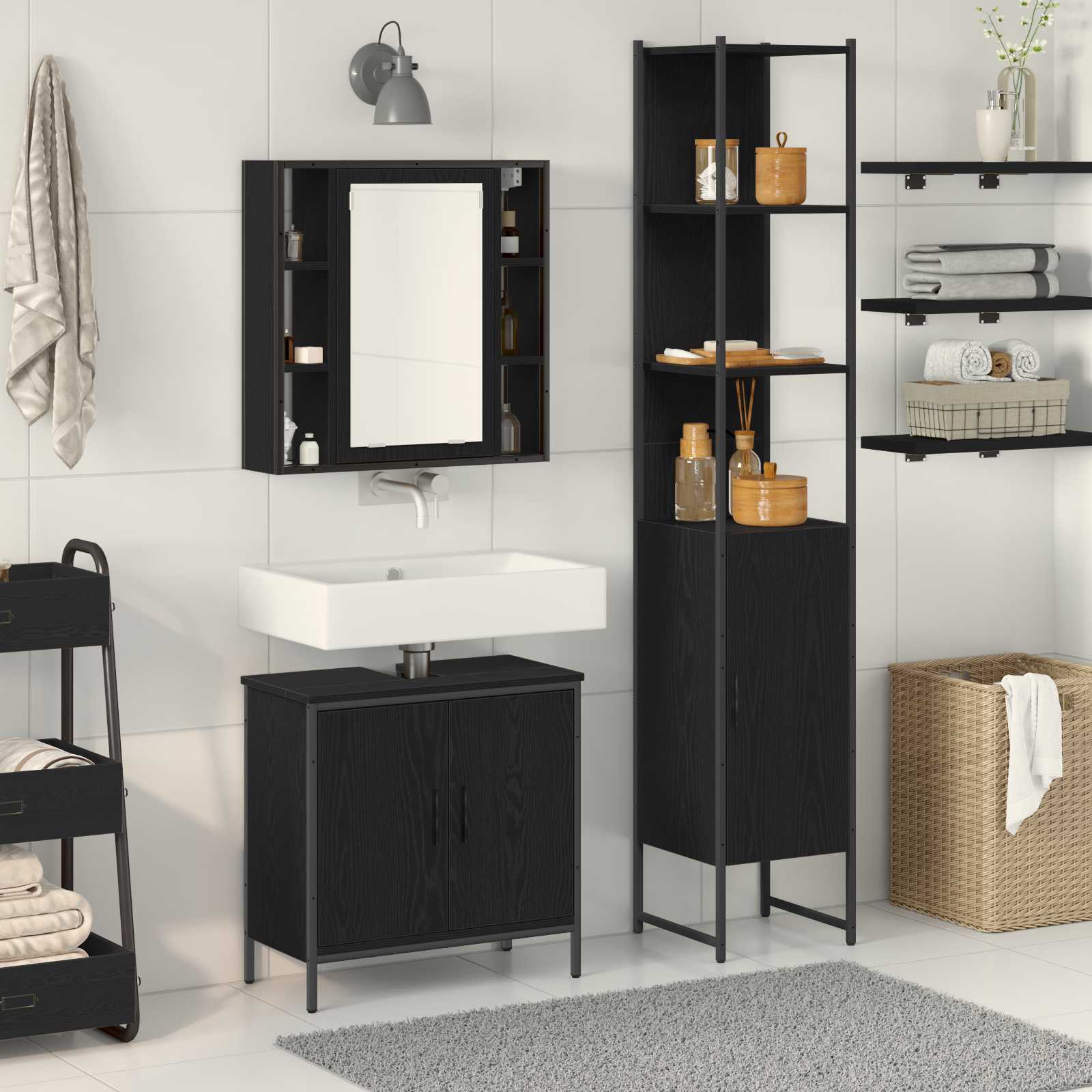 Vidaxl Meubles De Salle De Bain 3 Pcs Noir Bois D'Ingénierie