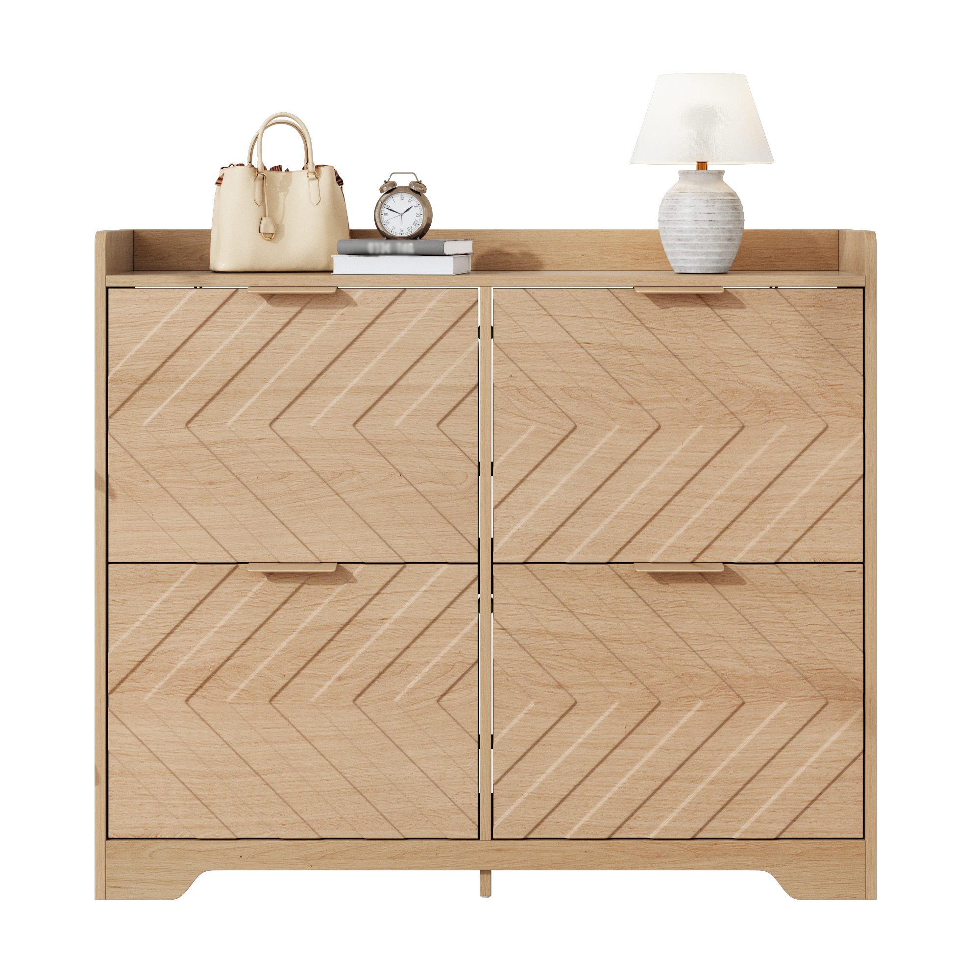 Schuhschrank Mit 4 Klappen, Oberer Ablage, 3d Front Für Eingangsbereich Aus Mdf, Natur 105 × 24 × 90 Cm