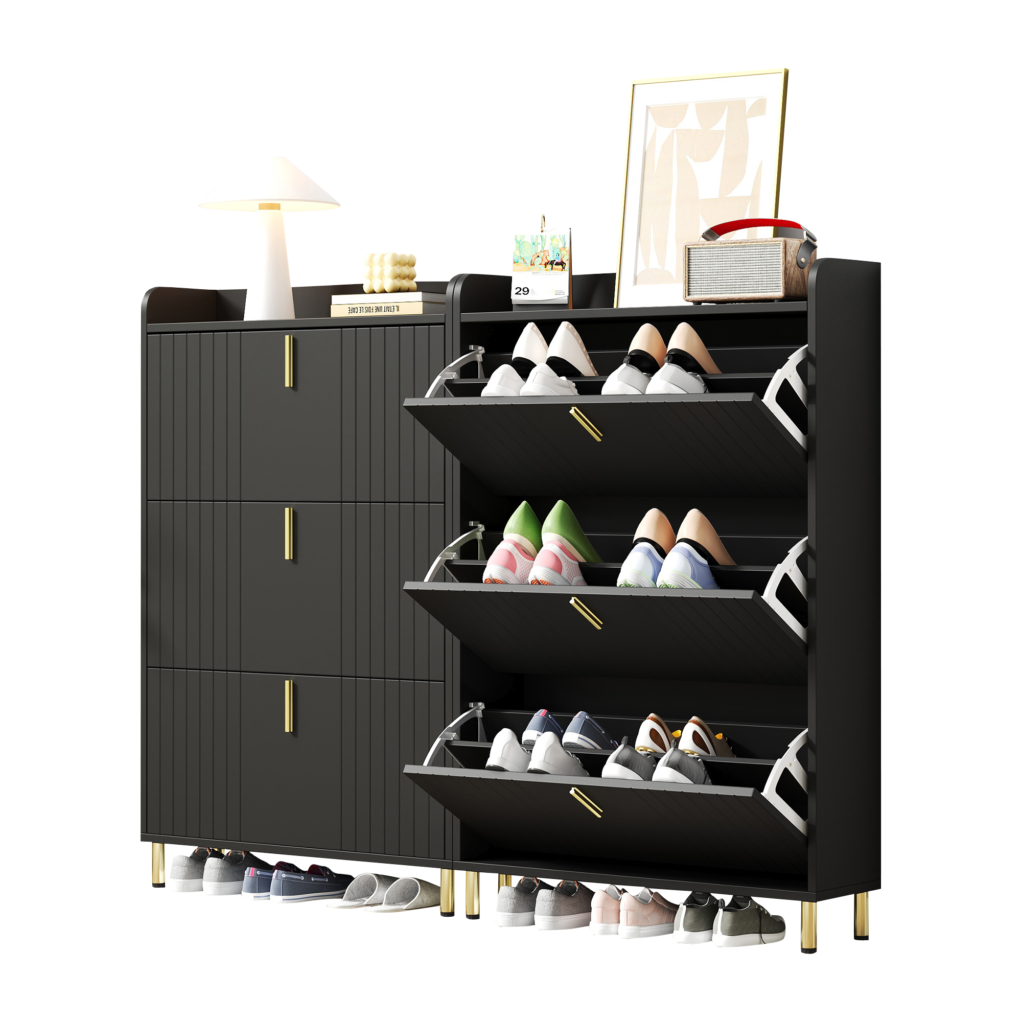 Schuhschrank Mit 3 Klappen Und 6 Fächern, Verstellbare Einlegeböden, Für Flur, Aus Mdf, Schwarz, 80×23×123.5 Cm