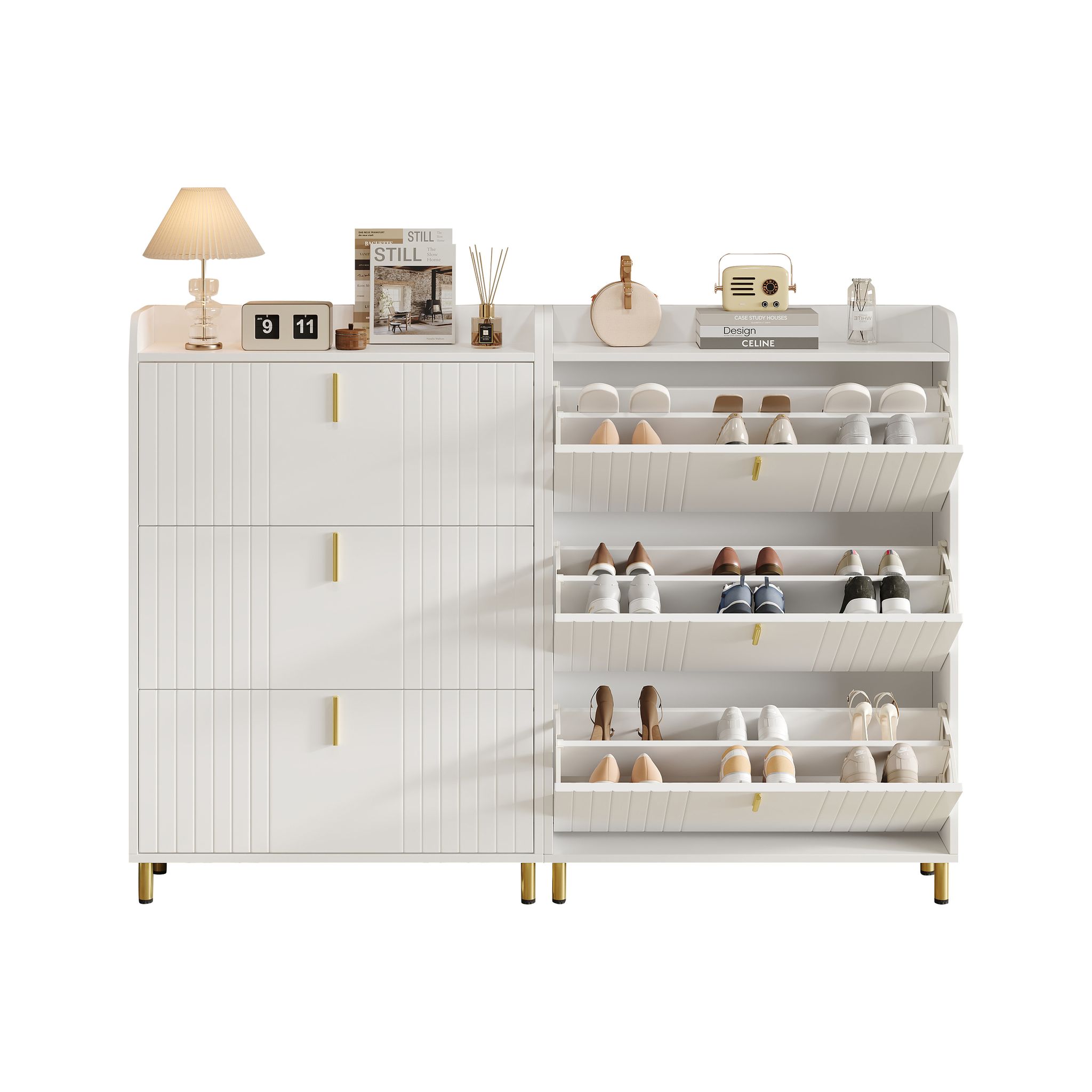 Schuhschrank Mit 3 Klappen Und Verstellbaren Einlegeböden, Mit Oberer Ablage, Aus Mdf, Weiß, 80×23×123.5 Cm