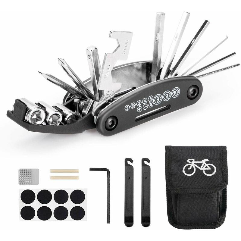 Multifunktionales Fahrradwerkzeug, 16 Werkzeuge In Einer Tragbaren Fahrradwerkzeugtasche Mit Kettennieter Und Reifenheber, Selbstklebendem Fahrradflicken Usw.
