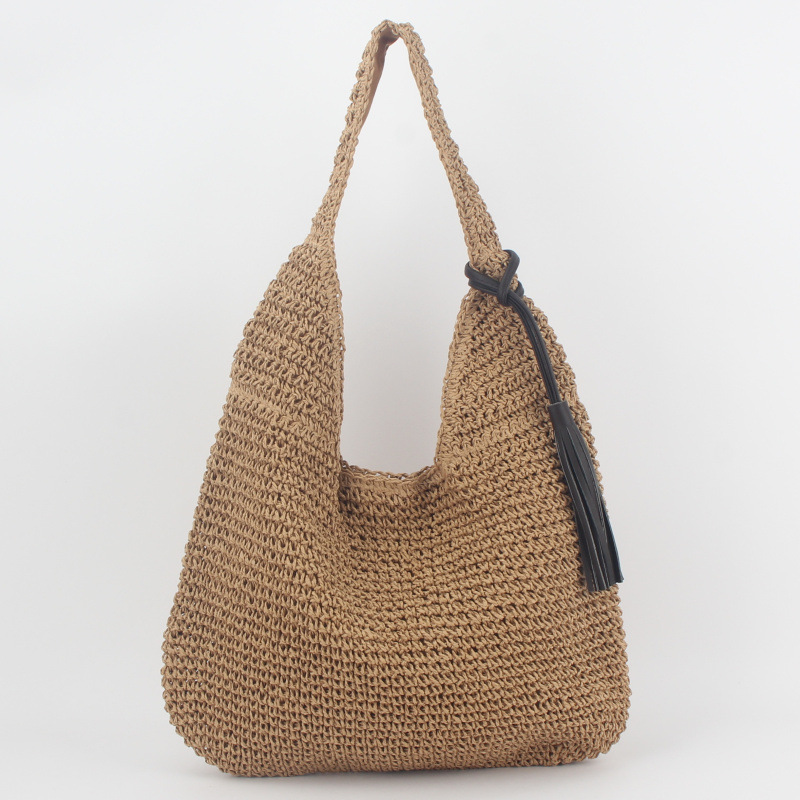 Modische Und Schlichte Strohtasche Mit Einer Schulter, Handgewebte Tasche Im Waldstil, Geräumige, Lässige Und Vielseitige Strandtasche