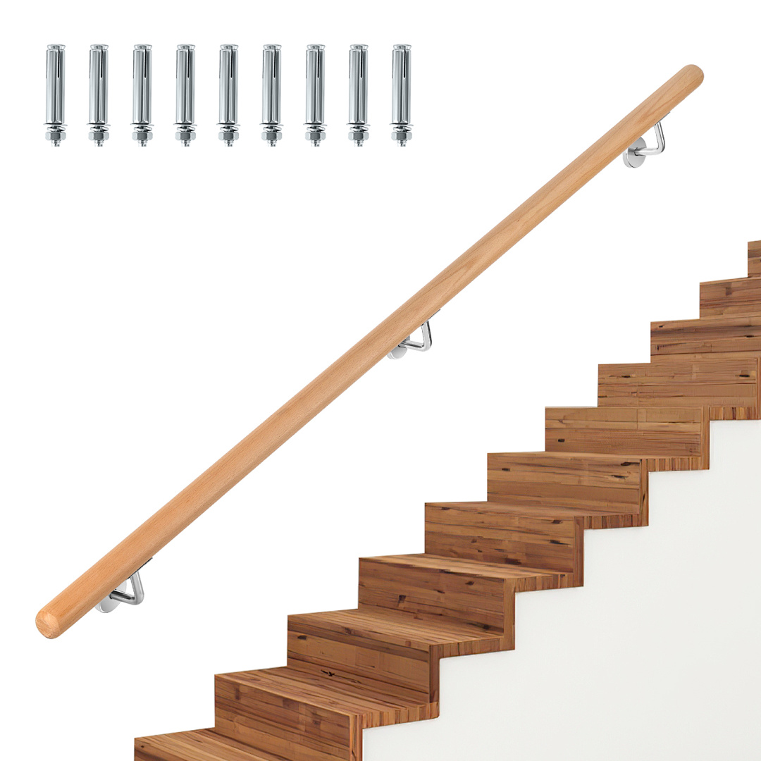 Wolketon Handlauf Mit Geländer Als Komplett-set Aus Buchenholz Mit Stuetzen Und Wandhaltern Fuer Treppen 100cm