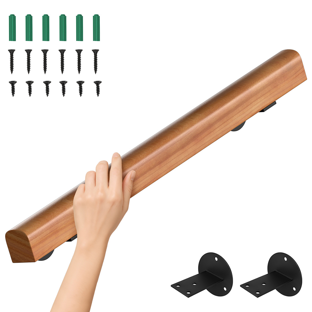 Wolketon Handlauf Aus Holz Mit Rundem Geländer Hellbraun Lackiert Mit Wandhaltern Und Endkappen Fuer Treppen 120cm