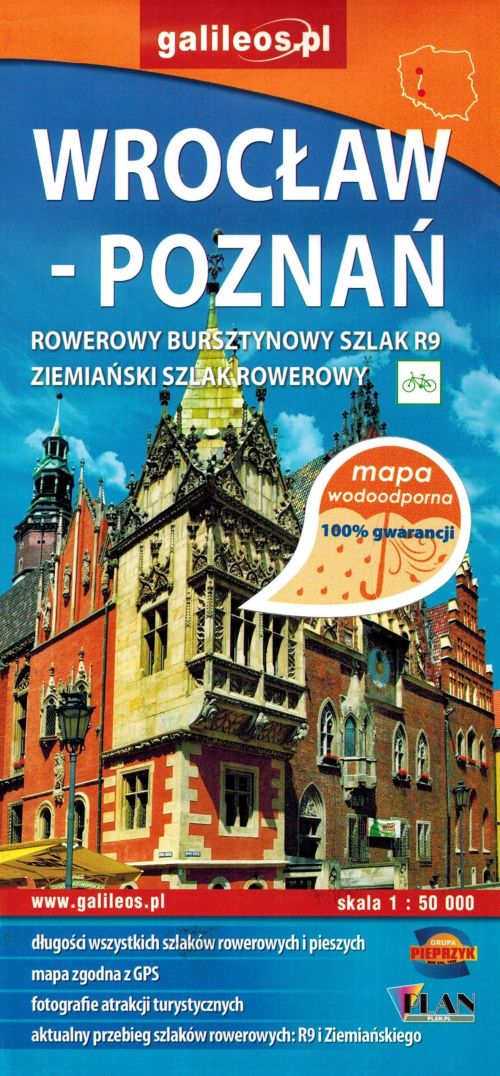 Breslau – Posen. Bernsteinfarbener Radweg R9. Wasserfeste Touristenkarte. Galileos