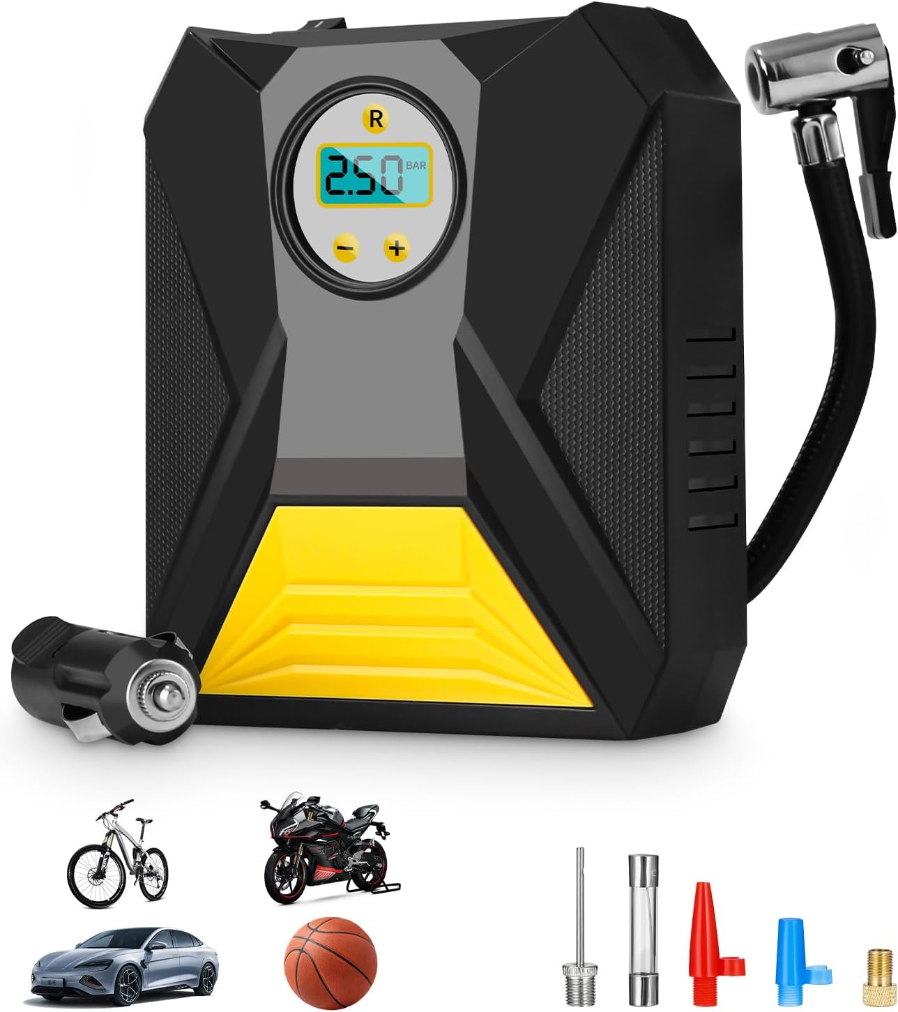 Pompe À Pneus De Voiture 12 V, Compresseur D'Air Portable Avec Adaptateurs D'Embouts, Voyants Led, Écran Lcd, Arrêt Automatique, Compresseur À Piles Pour Voitures, Motos, Vélos Et Ballons