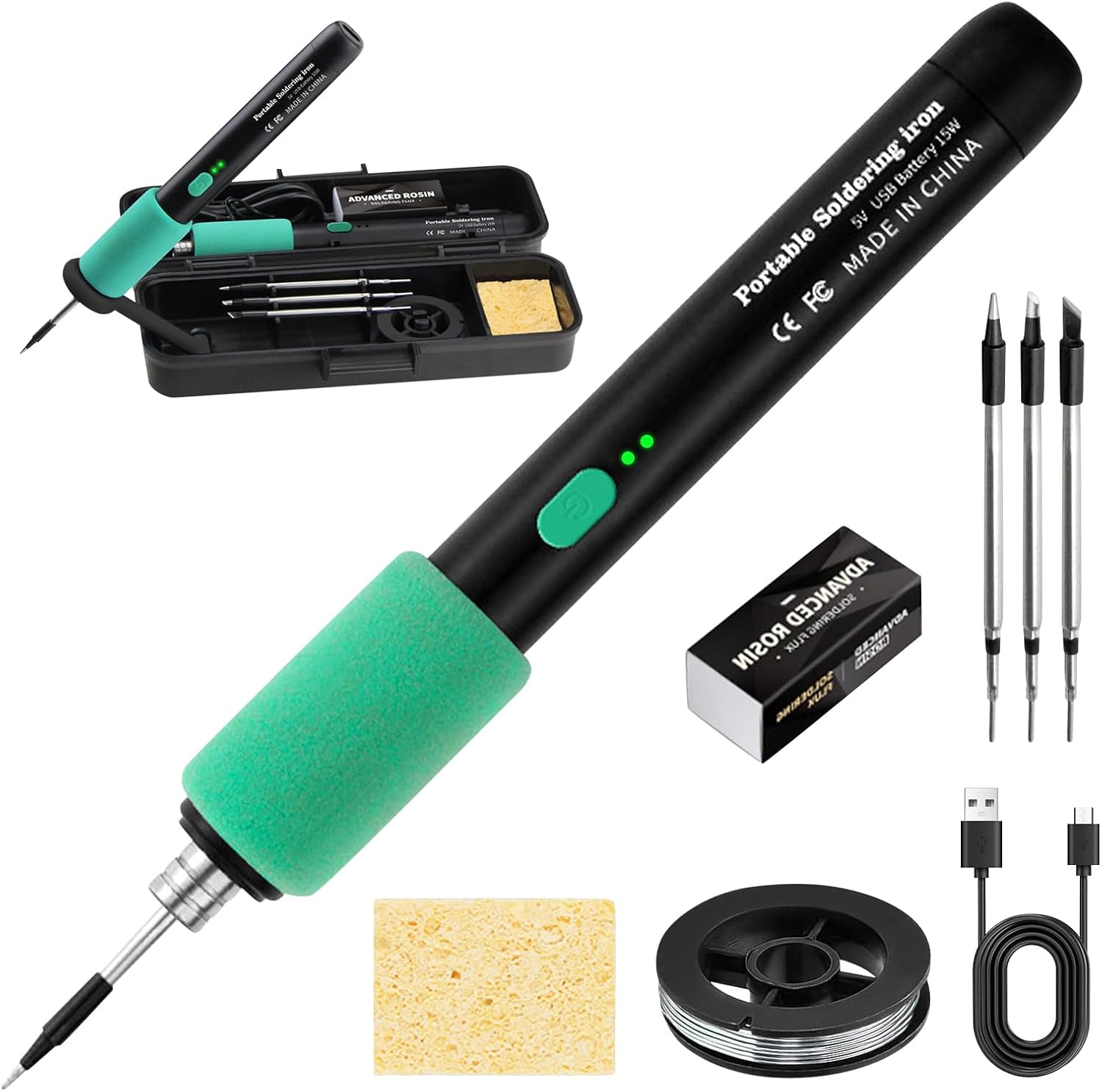 Kit De Fer À Souder, 15 W, Fer À Souder Rechargeable Usb Avec 3 Réglages De Température (230 °c – 450 °c), 3 Pannes De Soudage, Fil À Souder, Support Pour Fer À Souder, Professionnel, Sûr, Compact Et