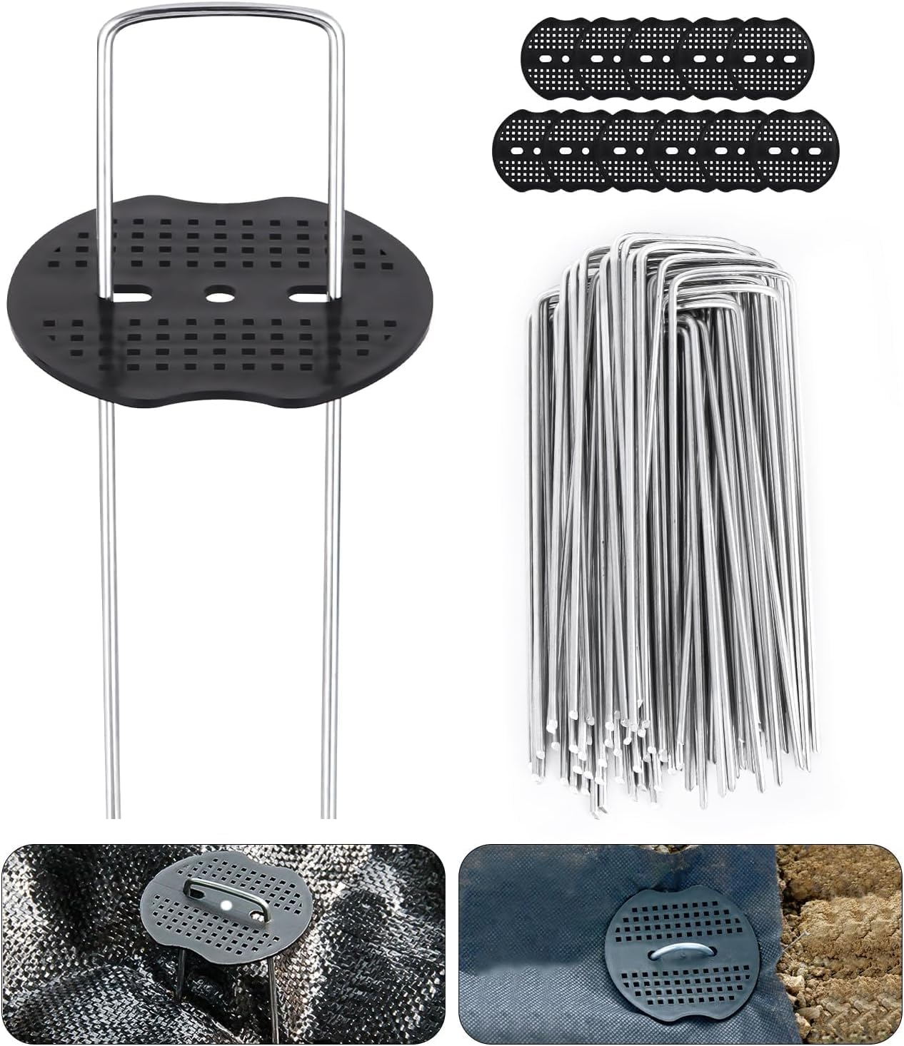 Lot De 50 Ancrages Au Sol Avec 50 Disques Tampons, 150 Mm De Long, 40 Mm De Large, 3 Mm De Diamètre, Adaptés Pour Les Toiles De Paillage Et Le Jardinage.