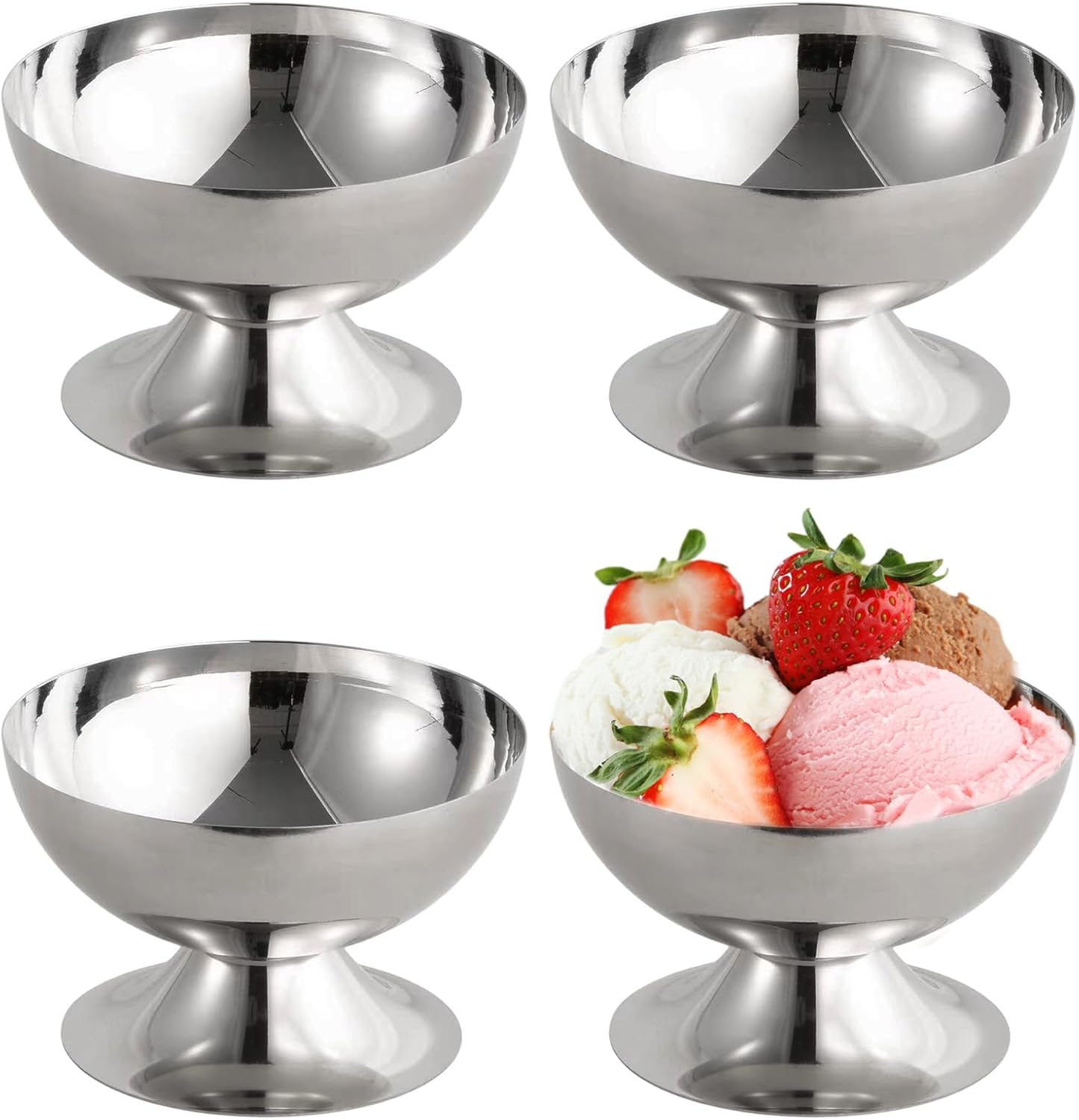 Ensemble De 4 Coupes À Glace En Acier Inoxydable, 200 Ml, Diamètre 10 Cm, Coupes À Dessert Vintage En Acier Inoxydable Avec Base, Convenant Aux Crèmes Glacées, Yaourts, Fruits, Salades Et Puddings.