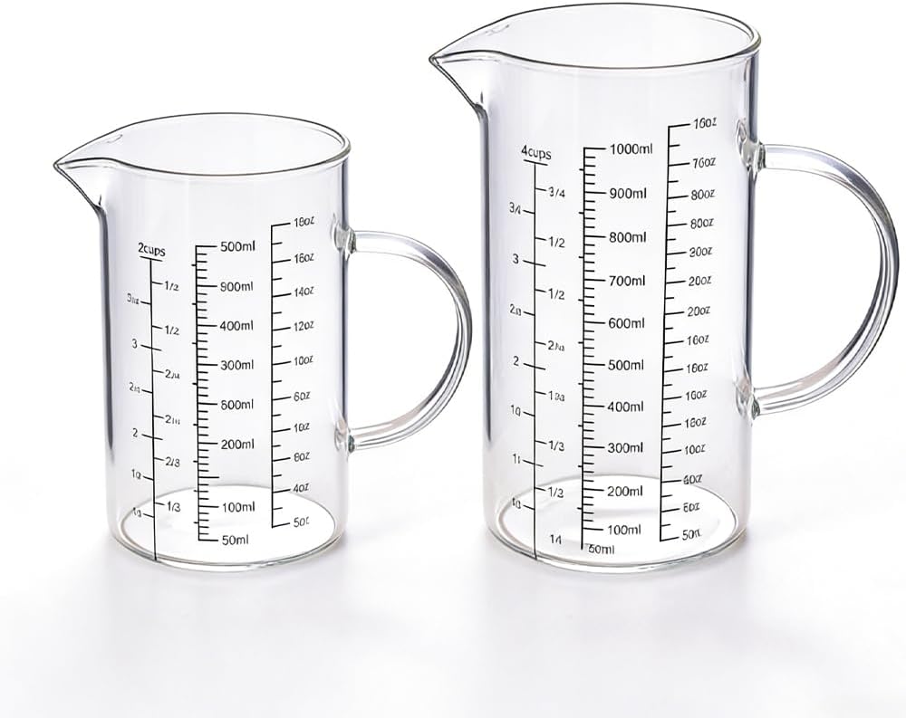Ensemble De 2 Verres Doseurs (500 Ml + 1 L), Transparents, Avec Bec Verseur Et Poignée, 3 Graduations (ml/oz/tasse), Parfaits Pour La Pâtisserie Et La Cuisine, Graduation Précise, Compatibles Micro-on