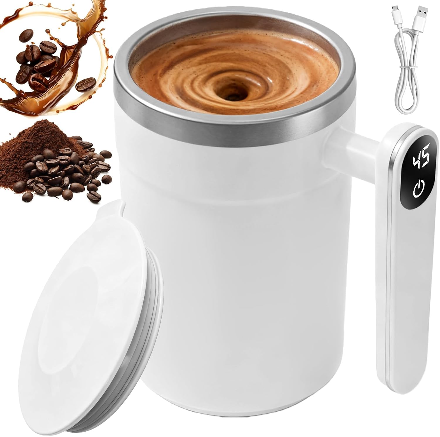 Bol Mélangeur Électrique (400 Ml) Avec Affichage De La Température, Agitateur Magnétique Automatique En Acier Inoxydable, Idéal Pour Le Lait Et Le Cacao – Parfait Pour Le Bureau, La Cuisine Et Les Voy