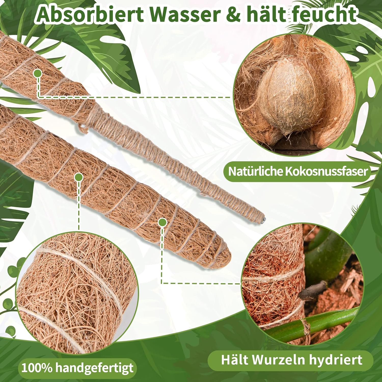 Tuteurs Souples En Mousse Pour Plantes, Lot De 4 Tuteurs De 60 Cm Pour Monstera, Idéaux Pour Les Plantes Grimpantes. Tuteurs Fins Faits Main Pour Plantes D'Intérieur.