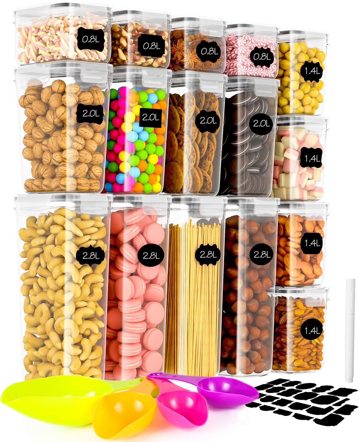 16 Bocaux De Conservation Avec Couvercles, Boîte De Rangement, Ensemble De Récipients Hermétiques Avec Étiquettes Et Cuillère, Organisation De La Cuisine Pour Les Spaghettis, La Farine, Les Céréales