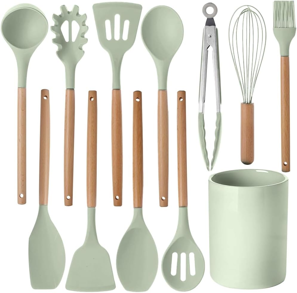 Ensemble D'Ustensiles De Cuisine En Silicone, 12 Pièces, Comprenant Un Support Pour Ustensiles, Une Spatule, Une Cuillère, Une Pince, Un Fouet Et Un Pinceau À Pâtisserie, Vert.