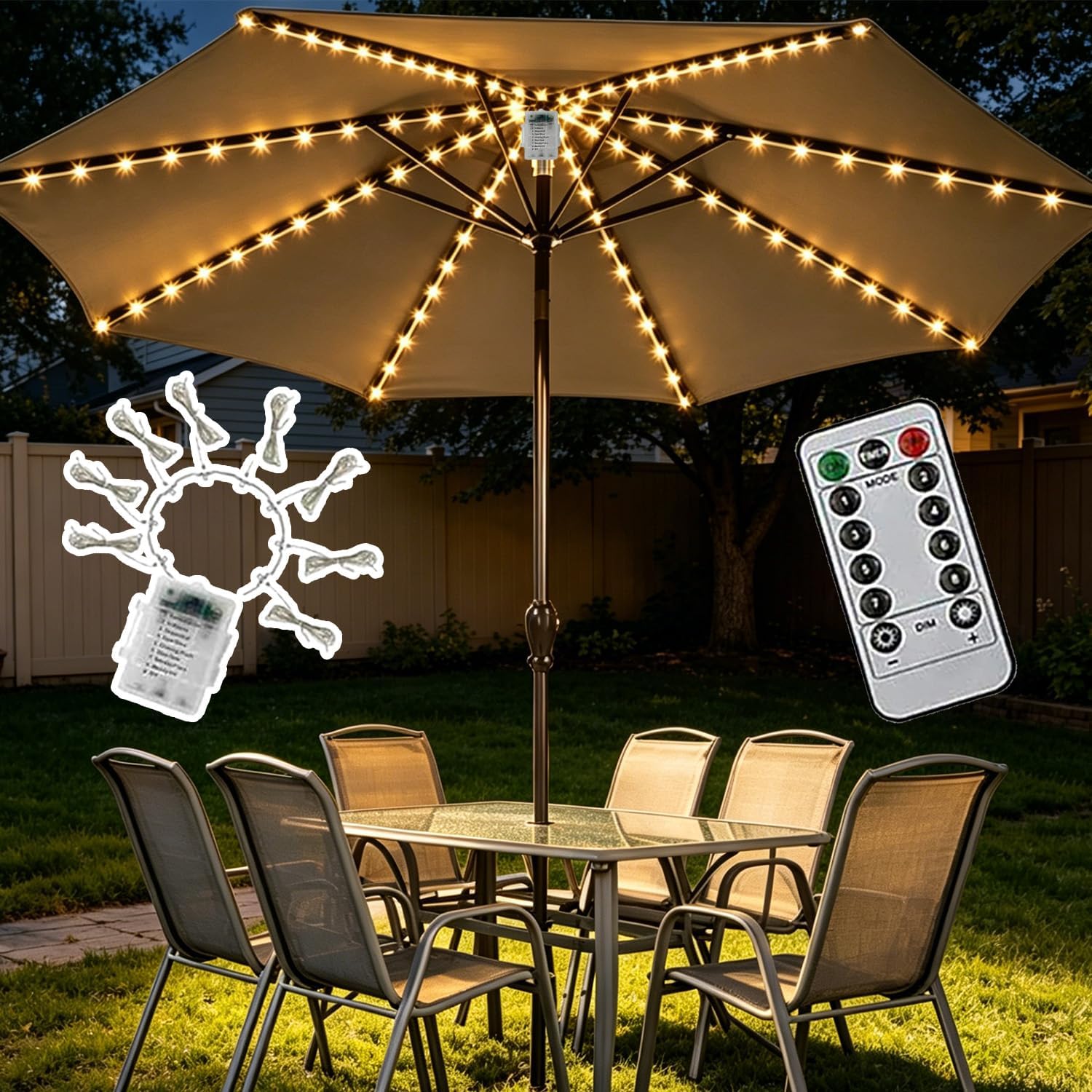 Guirlande Lumineuse À Piles Pour Parasol, 104 Led, Avec Télécommande, 8 Modes D'Éclairage, Étanche Ip67, Idéale Pour Le Jardin, Le Camping, Les Fêtes Et La Décoration Extérieure.