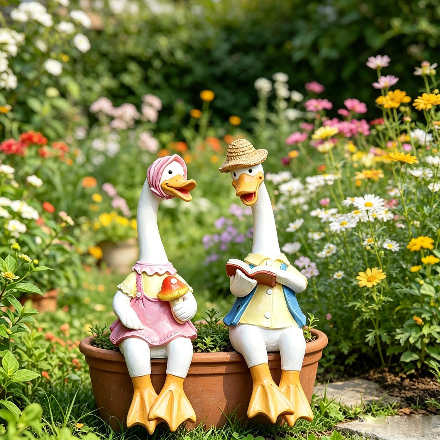 Statues De Canards Pour Jardin, Lot De 2 Figurines En Résine Représentant Des Canards Assis, Figurines D'Oies Mignonnes Et Résistantes Aux Intempéries, Idéales Pour La Cour, La Maison, Le Jardin, La T