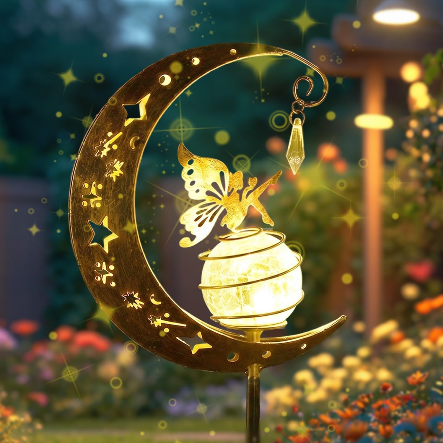 Lampes Solaires De Jardin En Forme De Lune Avec Motif Féerique, Lampe Solaire En Métal Avec Globe En Verre Led Et Piquet De Terre, Résistantes Aux Intempéries, Pour Allée, Terrasse, Balcon, Jardin, Pe