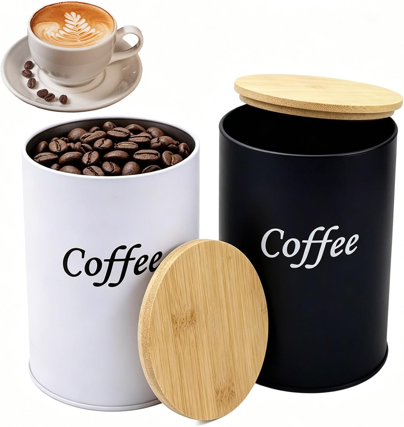 Lot De 2 Boîtes À Café Hermétiques De 500 Ml, Avec Couvercles En Bambou, Pour Café Moulu, Café En Poudre Ou Capsules, Cadeau Idéal Pour Les Amateurs De Café (noir + Blanc).