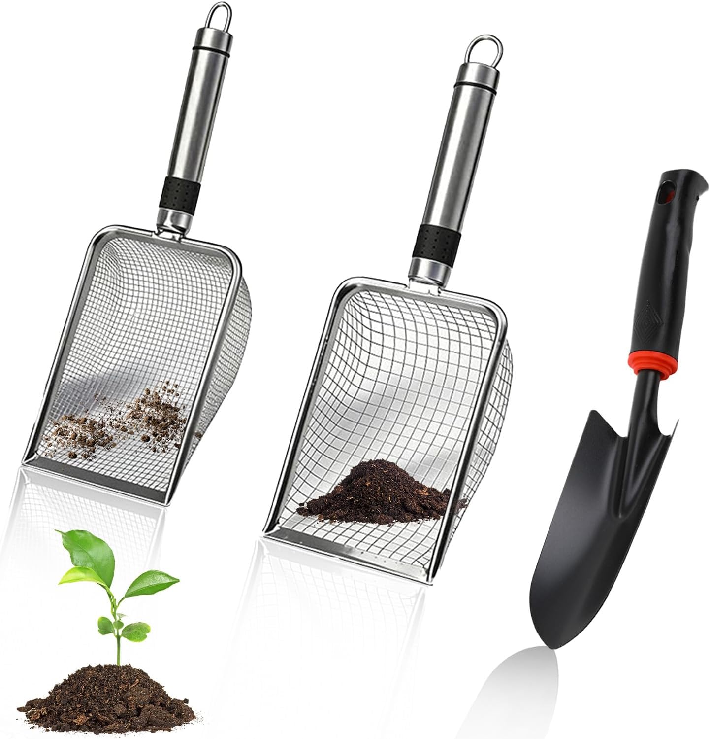 Tamis De Jardin En Acier Inoxydable, Tamis À Sable (1,0 Mm Et 3,8 Mm) Avec Pelle De Jardin De 31 X 6 Cm, Tamis À Terre À Mailles Fines Avec Poignée, Tamis À Compost, Tamis Vibrant Manuel Pour Jardin,