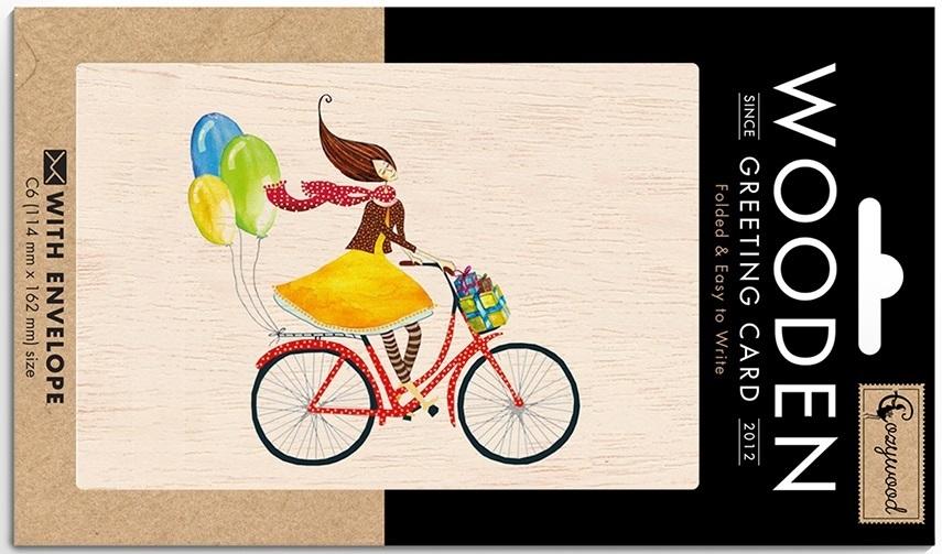 Holzkarte C6 + Umschlag Fahrrad Mit Luftballons