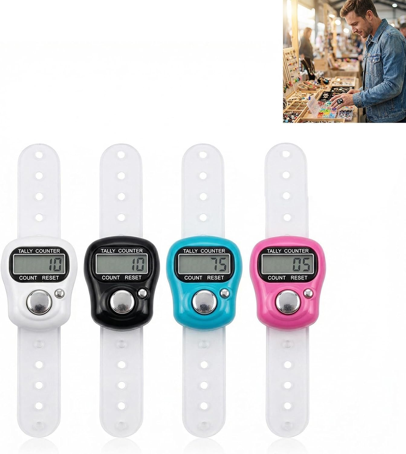4-teiliges Fingerzähler-set, Elektronische Fingerzähler Mit 50 Farbigen Maschenmarkierern Zum Stricken, Häkeln Und Für Sportliche Aktivitäten – Einstellbare Und Präzise Zähler Mit Übersichtlichem Disp