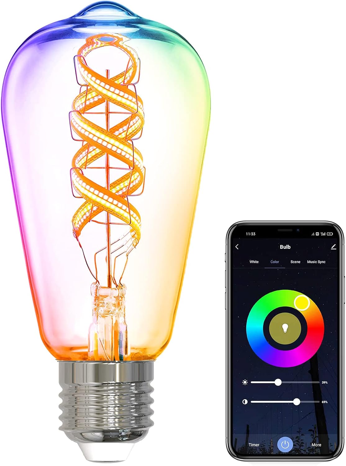Ampoule Connectée Wifi E27 5w St64 Edison Vintage-glühbirne Mit Mehrfarbigem Led-filament, Weiß, Entspricht 45 W, Kompatibel Mit Alexa/google Home