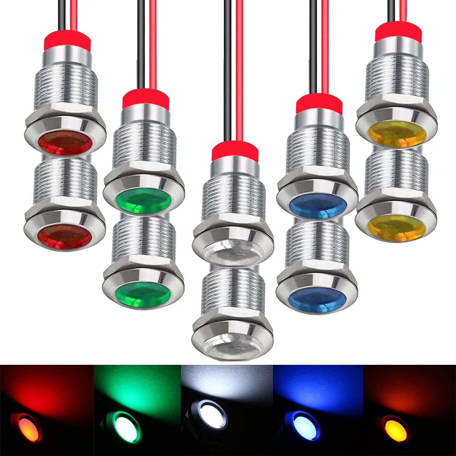 10 Stück 110 V-220 V 12 Mm Dc-voyant-led Aus Metall, Led-anzeige Für Panneau, Temoin Lumineux, Pour Van, Bateau Et Autres Vehicules Universel (vert × 2 Jaune × 2 Rot × 2 Blau × 2 Weiß × 2)