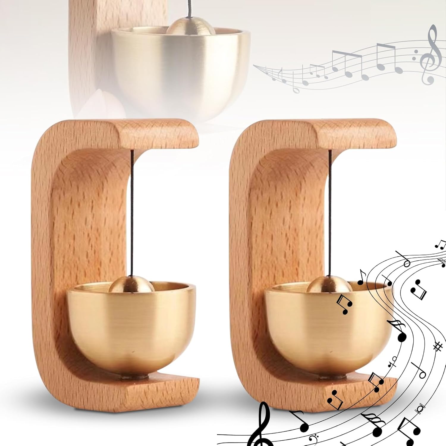 Set Aus 2 Selbstklebenden, Magnetischen Türklingeln Aus Holz, Hergestellt Aus Dopamin, Mit Messingglocke, Für Türen, Büros, Geschäfte, Cafés (gelbbuche)