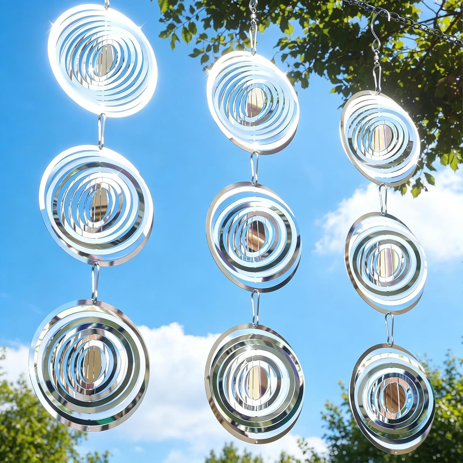 Set Mit 3 Reflektierenden Vogelscheuchen Aus Edelstahl, 44 Cm, Taubenabwehr Für Balkon Mit 3d-spiegeleffekt, Hängendes Windspiel Für Den Außenbereich, Gartendekoration Gegen Schwalben Und Reiher