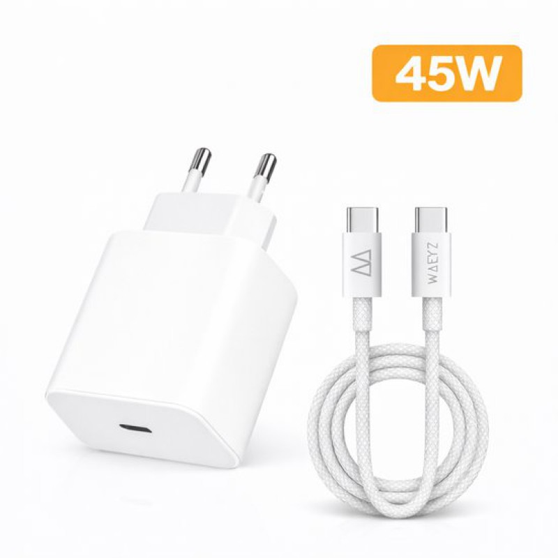 Waeyz 45w Ultra-schnellladegerät Mit Usb-c-anschluss – Inklusive 1 Meter Langem, Geflochtenem Usb-c-zu-usb-c-kabel (60w) – Universelles Ultra-schnellladegerät