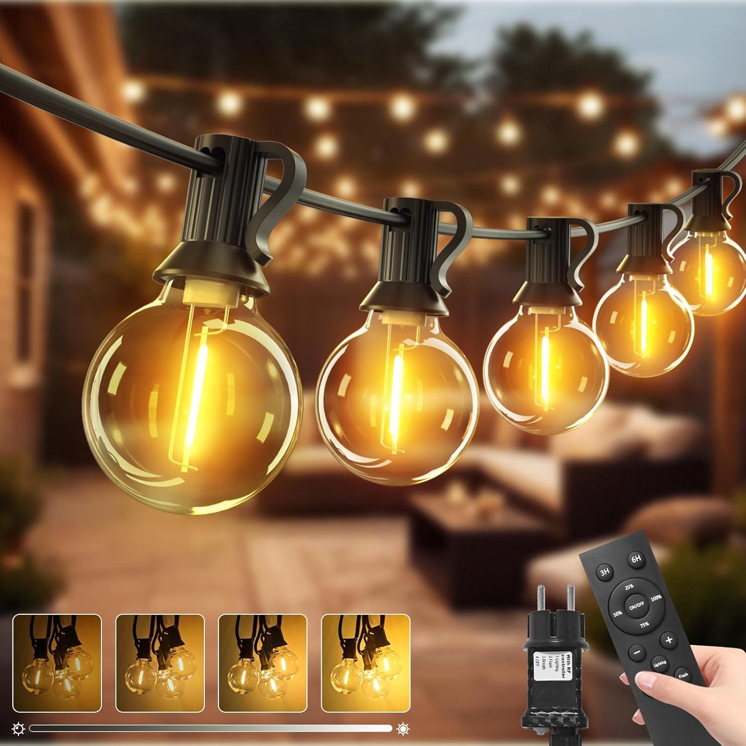 10m Guirlande Guinguette Exterieur Mit Télécommande, Dimmbare G40 Led Guirlande Lumineuse Exterieure, Etanche Ampoule Lumiere Electrique Für Jardin Terrasse Balcon Pergola Fête, Blanc Chaud