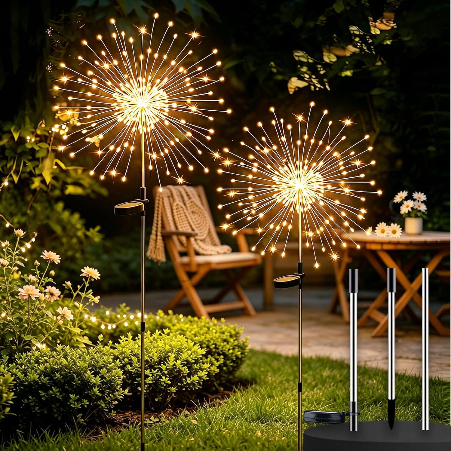 Lot Von 2 Lampen Solaires Extérieures 200 Led, 8 Modi Extérieur Solaire, 2/3 Tiges Refractory Acier Inoxydable 51in, Etanche Ip65, Jardin, Terrasse, Cour, Noël (couleur Chaude)
