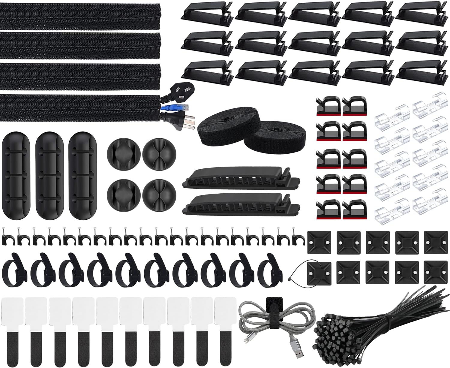 200-teiliges Kit De Gestion Des Câbles, 4 Manchon De Câble Gaine, 3 Clips Câble Organisateur Bureau, 10+2 Attache Câble Organisateur Rallonge, 15 Clips Câbles Adhésifs, 100 Serre Câbles