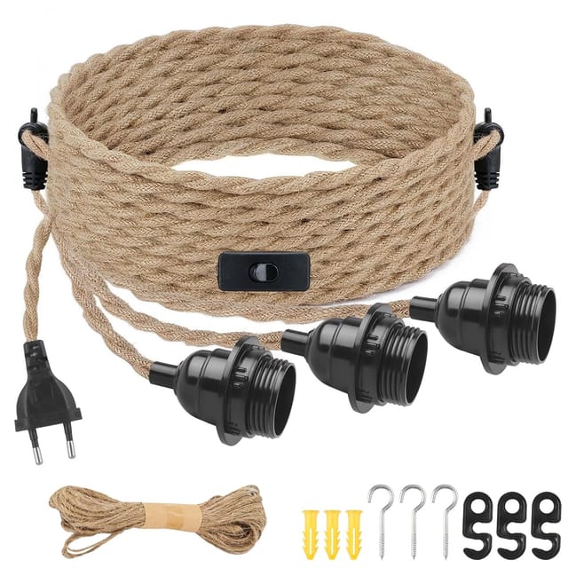 Lustre Corde Suspension Vintage In Corde De Chanvre À 3 Douilles E27 Mit Interrupteur Suspension Luminaire Industrielle Retro Lustre Cordelette Für Cuisine Bar Chambre Loft – Sans Ampoule
