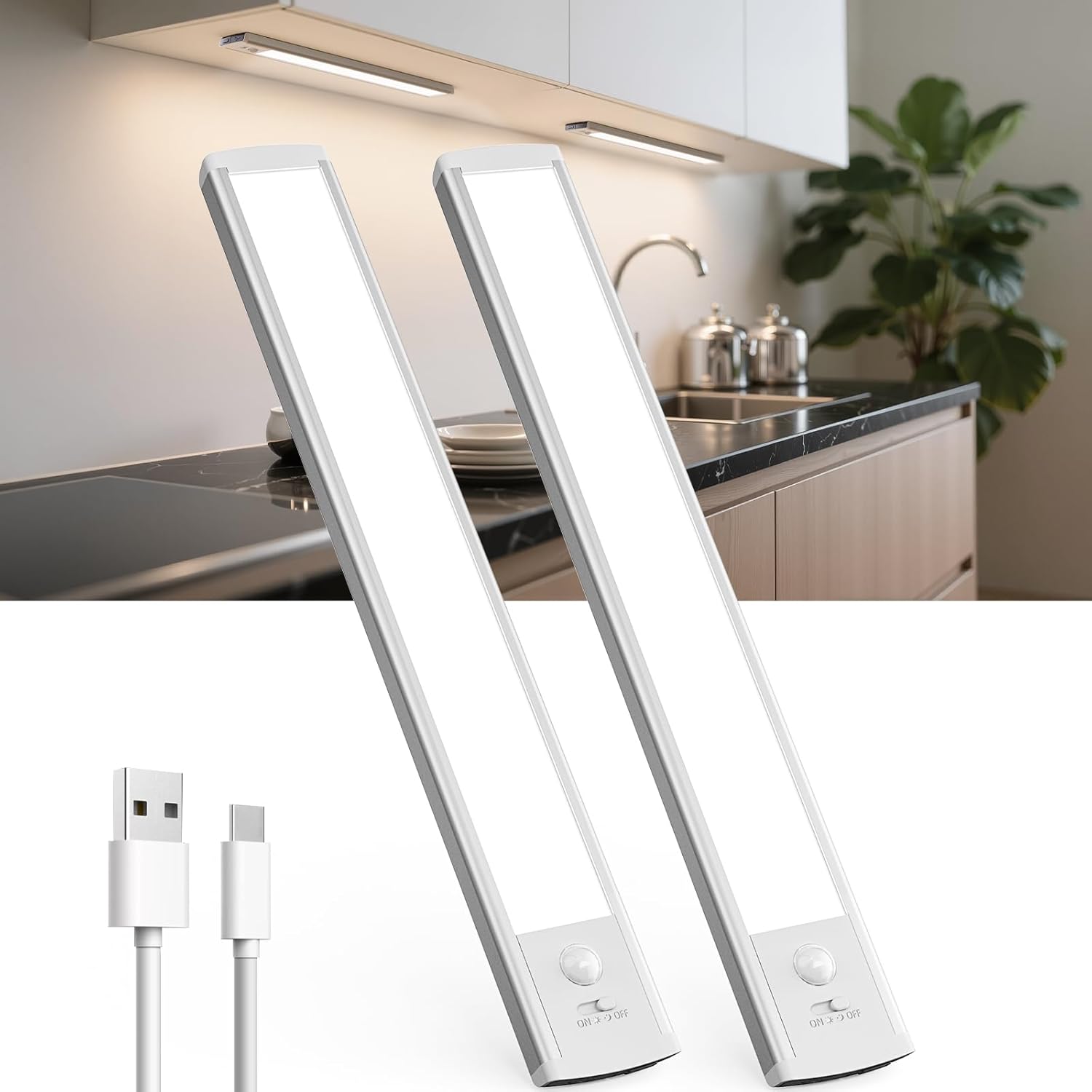 Lampe De Placard, 30 Cm Usb-c Eclairage Led Wiederaufladbar, Lampe Détecteur De Mouvement, Lampe Led Ohne Faser Für Schrank, Placard, Escalier – 2 Stück