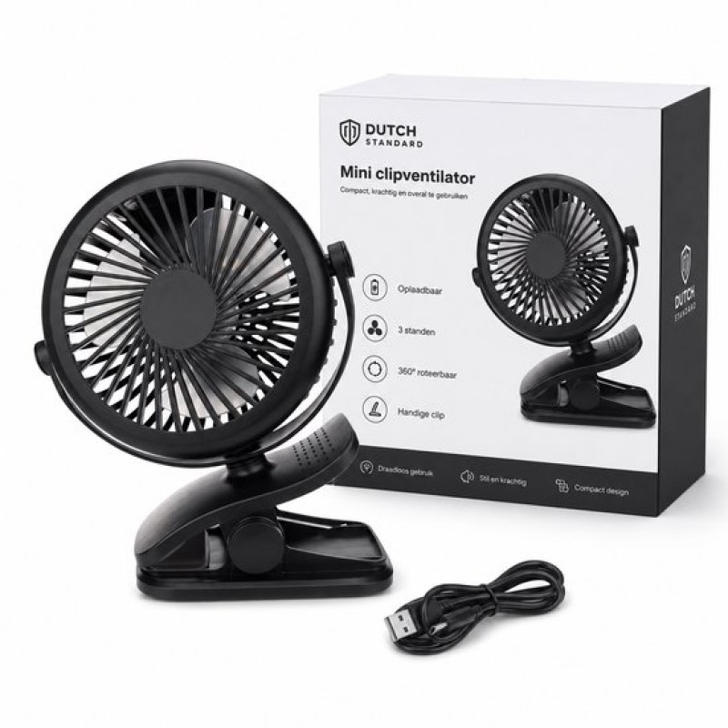 Mini-ventilator – Wiederaufladbar – Mit Clip – 3 Geschwindigkeitsstufen – Kabellos – Usb – Schwarz