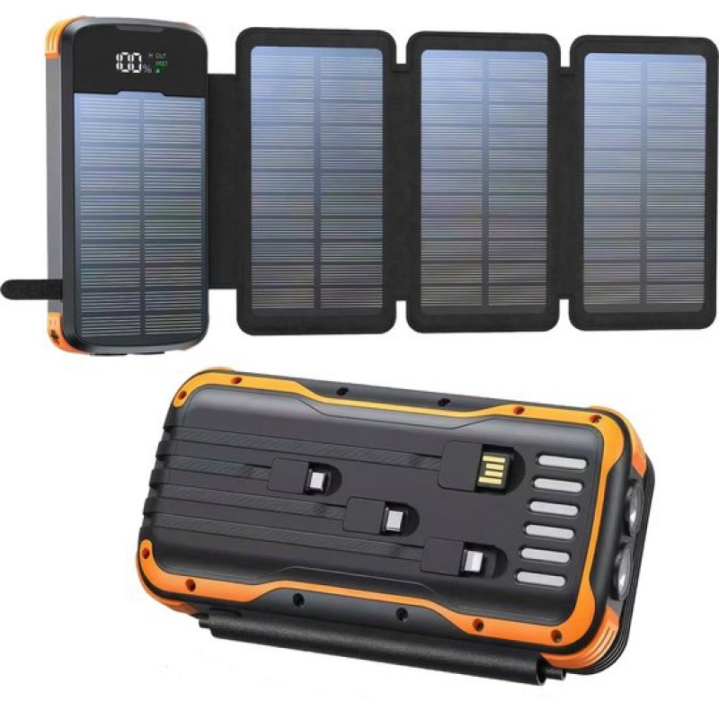Solar+ 30.000 Mah Powerbank – Lädt 5 Geräte Gleichzeitig – 4 Integrierte Kabel – 3 Anschlüsse – Solarpanel – Led-taschenlampe – Für Den Außenbereich Geeignet – Schwarz