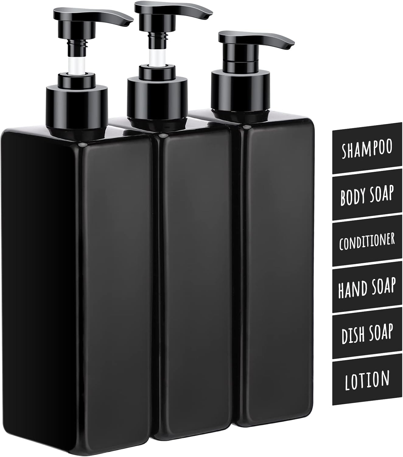 Bouteilles De Shampoing, Lot 3 Bouteilles Pompe Vides 500 Ml, Verteiltes Savon In Wiederaufladbarem Plastique Mit Etiquettes Autocollantes Etanches Pour Cuisine Salle De Bain, Noir