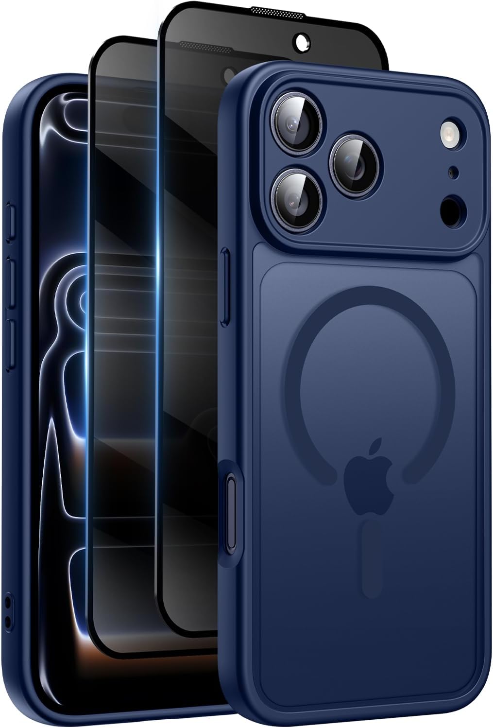 Helssitot Magnethülle Für Iphone 17 Pro Max Mit 2 Anti-spionage-displayschutzfolien Aus Gehärtetem Glas, Kompatibel Mit Magsafe, Matte, Transparente Rückseite, Stoß- Und Kratzfest, Dunkelblau
