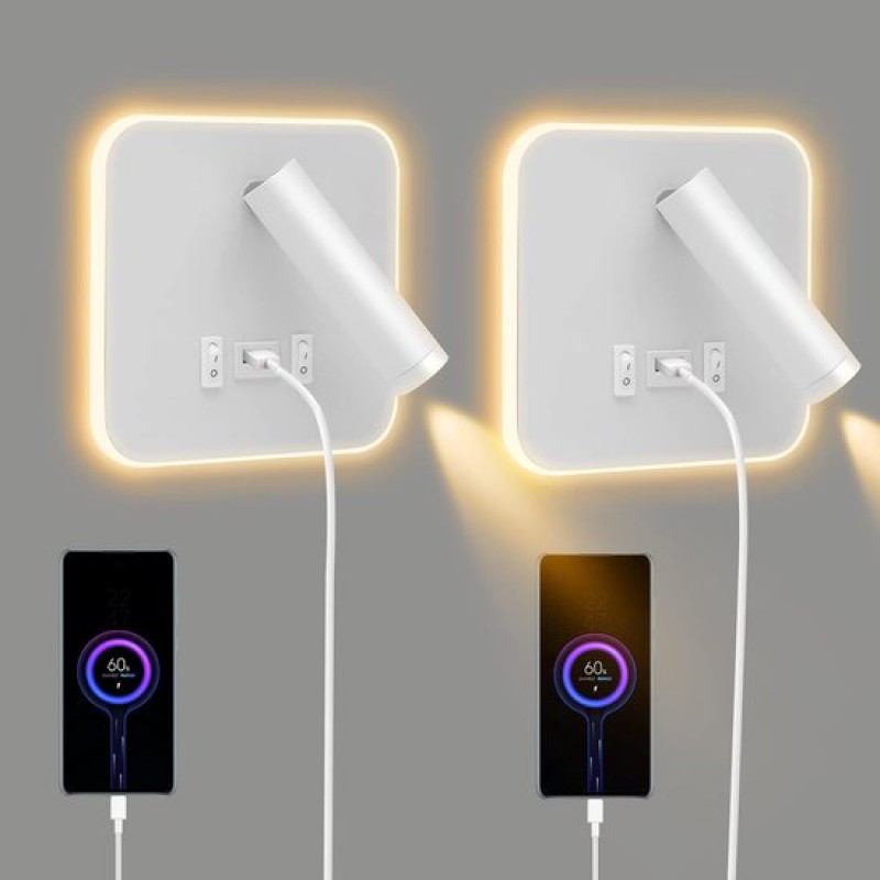 Ein Set Aus 2 Led-wandleuchten Für Den Innenbereich, Bestehend Aus Einer Leselampe Mit Schalter, Die Sich Um 360° Drehen Lässt, Einer 3000k Nachttischlampe Und Einem Verstellbaren Spot (weiß).