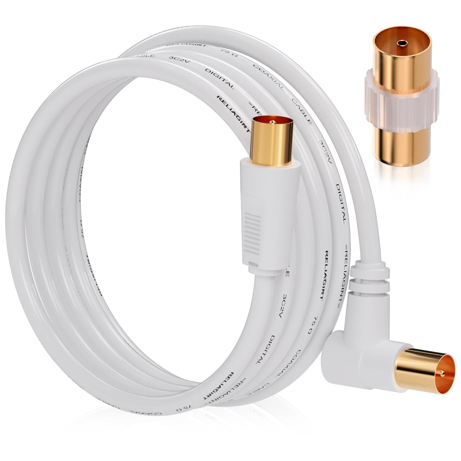 Tv-antennenkabel 10 M, Koaxial 75 Ohm, Iec 9,5 Mm Stecker Auf Stecker 3c2v, Doppelter Blindstecker, Coudé-anschluss, Weiblicher-weiblicher Adapter Inklusive, Weiß